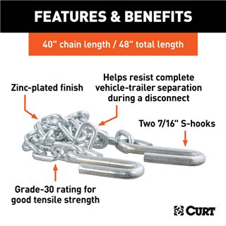 CURT | 48" Safety Chain with 2 S-Hooks (5,000 lbs, Clear Zinc, Packaged)