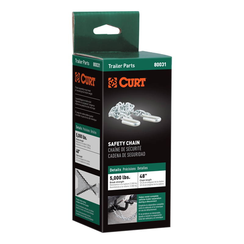 CURT | 48" Safety Chain with 2 S-Hooks (5,000 lbs, Clear Zinc, Packaged)