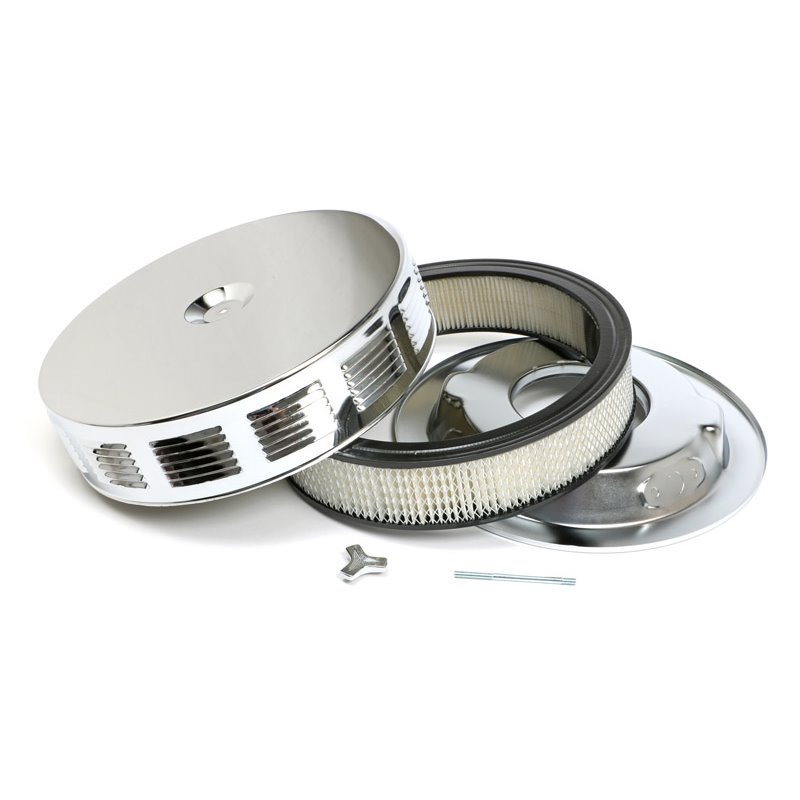 Trans-Dapt | Louvered CORVETTE-Style Air Cleaner Set; 14 in. x 3 in., 5-1/8 in. Neck-CHROME