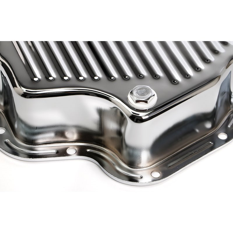 Trans-Dapt | TH400-CHROME Transmission Pan; Extra Capacity (+1.5 Qt); 3 in. Depth; FINNED
