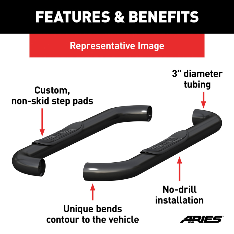 ARIES | 3" Round Black Steel Side Bars - Ram 1500 / Classic / 2500 / 3500 2009-2022