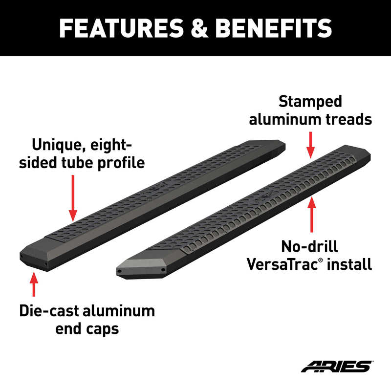 ARIES | AdvantEDGE 5-1/2" x 85" Black Aluminum Side Bars (No Brackets) - Chevrolet / Dodge / Ford / GMC / Honda / Nissan / Toyot