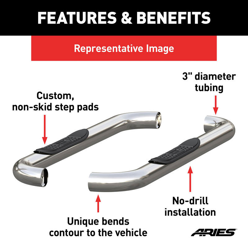 ARIES | 3" Round Polished Stainless Side Bars - Tacoma 2.4L / 2.7L / 3.4L 1997-2004