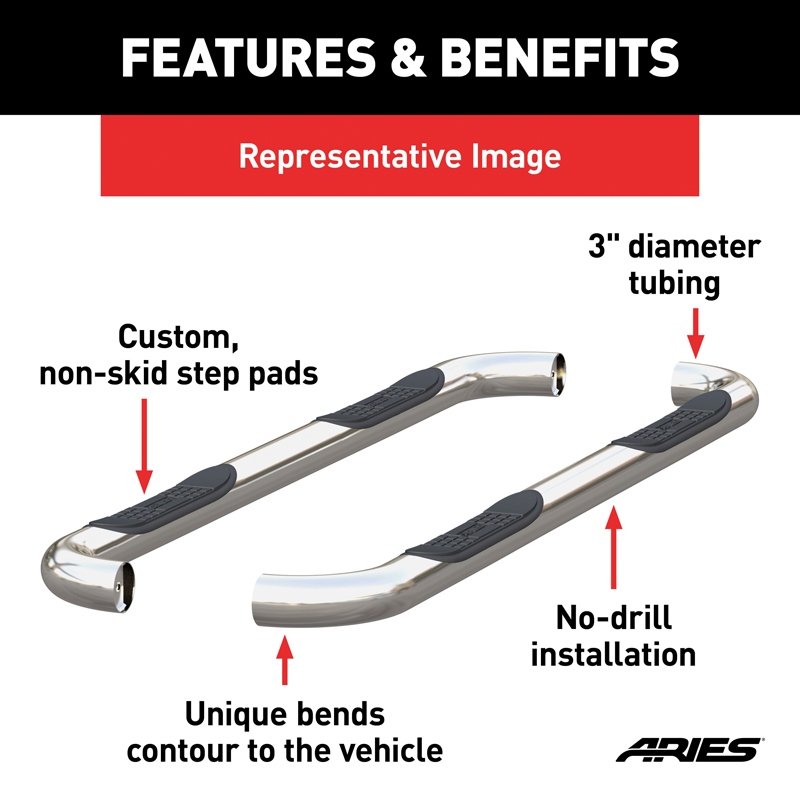 ARIES | 3" Round Polished Stainless Side Bars - Chevrolet / GMC 2001-2014 ARIES Step Bars