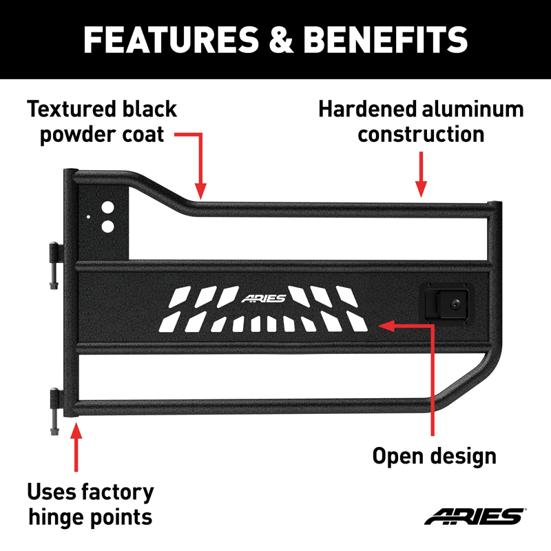 ARIES | Aluminum Front Tube Doors - Wrangler (JK) 3.6L / 3.8L 2007-2018