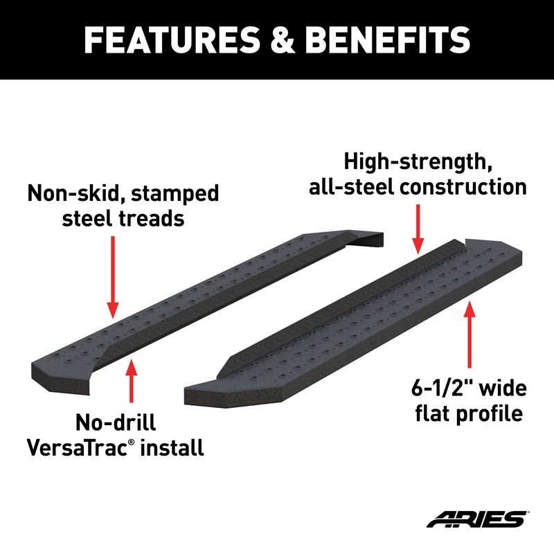 ARIES | RidgeStep 6-1/2" x 75" Black Steel Running Boards (No Brackets) - Chevrolet / Dodge / Ford / GMC 2000-2023 ARIES Step...