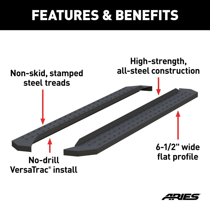 ARIES | RidgeStep 6-1/2" x 91" Black Steel Running Boards (No Brackets) - Chevrolet / Dodge / Ford 2000-2023