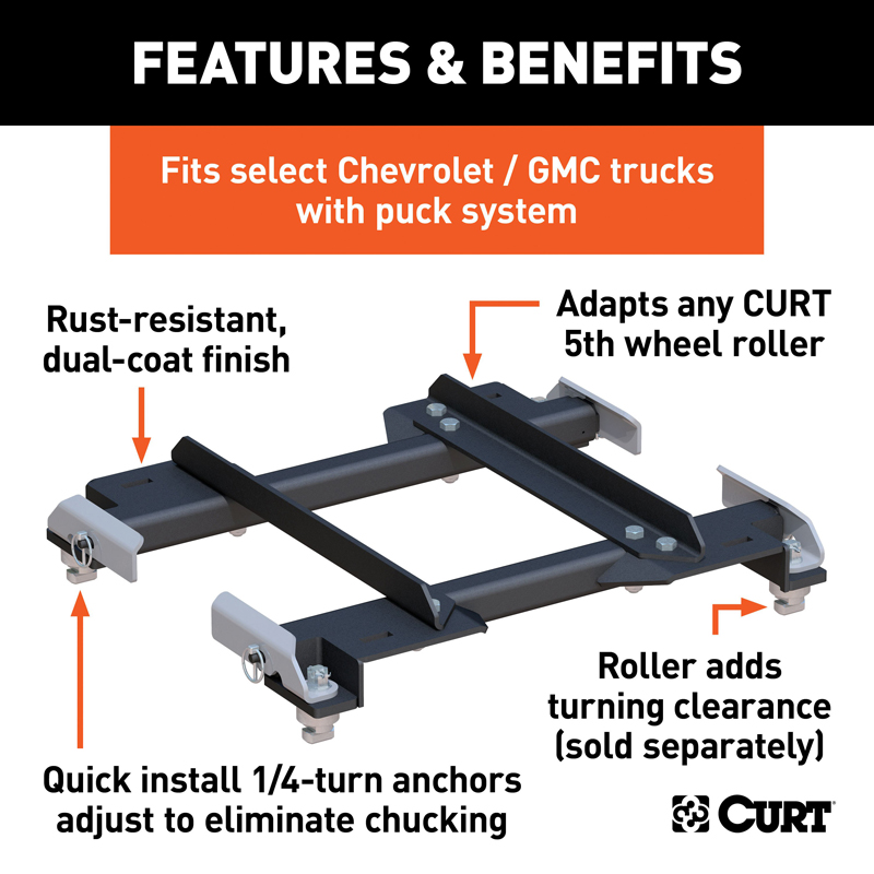 CURT | Puck System 5th Wheel Roller Adapter, 20K - Silverado / Sierra 2500 HD / 3500 HD 6.0L / 6.6L 2016-2019