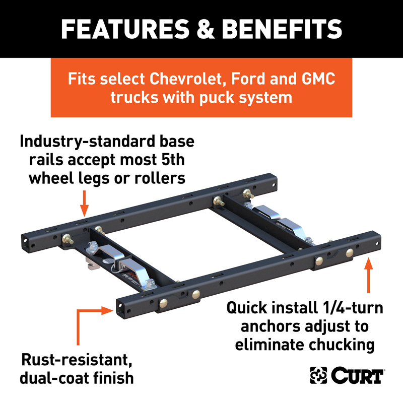 CURT | Puck System 5th Wheel Adapter with Rails - Chevrolet / Ford / GMC 2011-2023