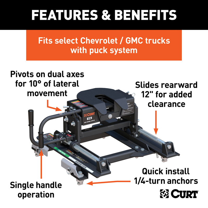 CURT | E16 Sliding 5th Wheel Hitch, 16K - Silverado / Sierra 2500 HD / 3500 HD 6.0L / 6.6L 2016-2019