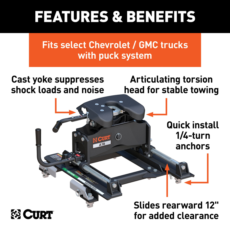 CURT | A16 Sliding 5th Wheel Hitch, 16K - Silverado / Sierra 2500 HD / 3500 HD 6.0L / 6.6L 2016-2019