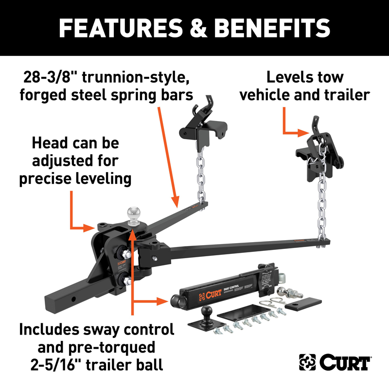 CURT | Short Trunnion Bar Weight Distribution Hitch with Sway Control (10-15K, 28-3/8") CURT Weight Distribution