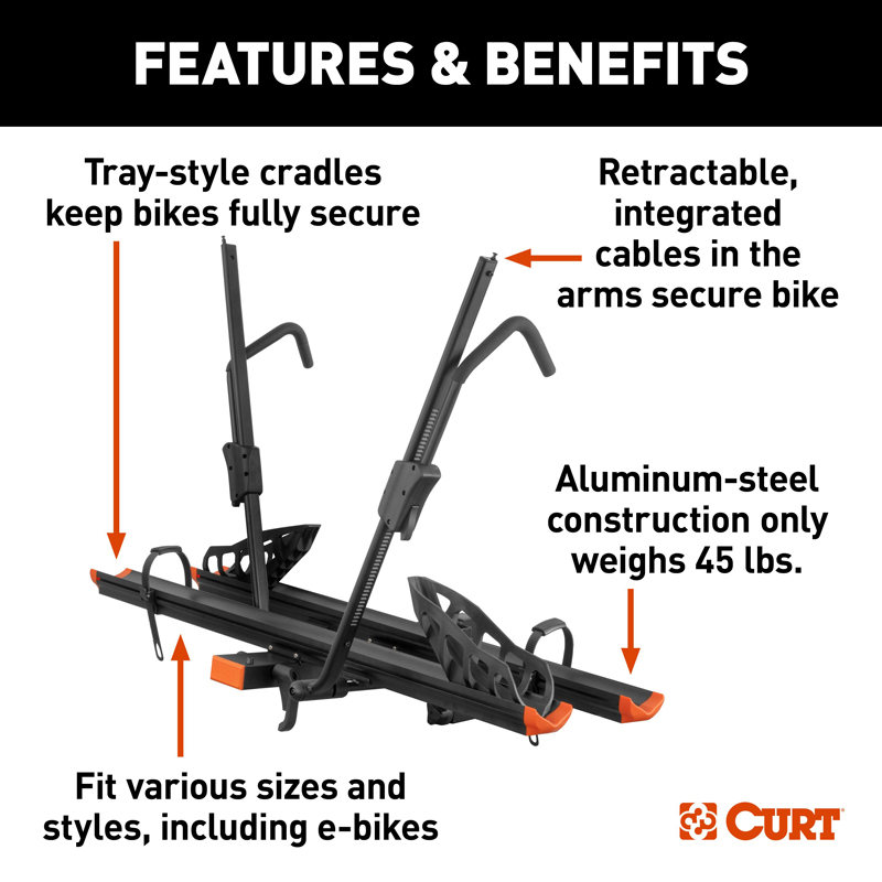 CURT | Aluminum Tray-Style Hitch-Mounted Bike Rack (2 Bikes, 2" Shank) CURT Hitch Cargo Carrier