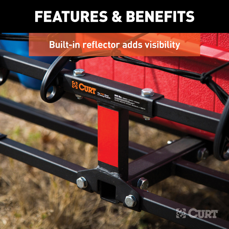 CURT | 48" x 20" Black Steel Basket Cargo Carrier (1-1/4", 2" Adapter, 500 lbs.) CURT Hitch Cargo Carrier