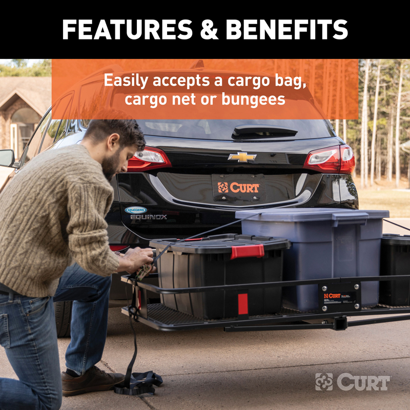 CURT | 60" x 20" Black Steel Basket Cargo Carrier (Fixed 2" Shank, 500 lbs.) CURT Hitch Cargo Carrier