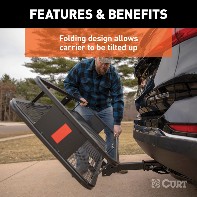 CURT | 60" x 20" Black Steel Basket Cargo Carrier (Folding 2" Shank, 500 lbs.) CURT Hitch Cargo Carrier