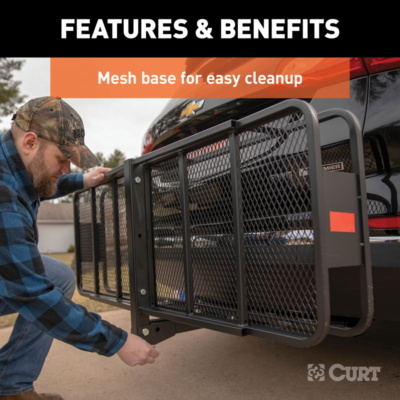 CURT | 60" x 20" Black Steel Basket Cargo Carrier (Folding 2" Shank, 500 lbs.) CURT Hitch Cargo Carrier