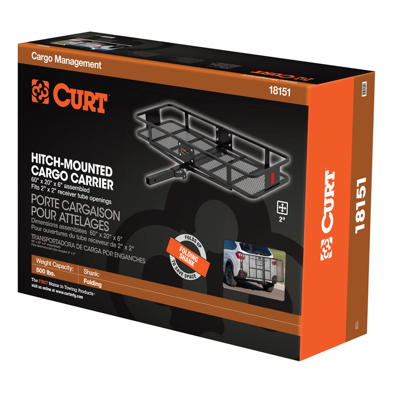 CURT | 60" x 20" Black Steel Basket Cargo Carrier (Folding 2" Shank, 500 lbs.)