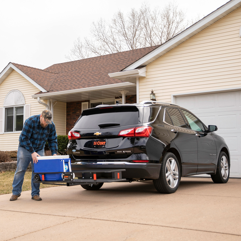 CURT | 60" x 24" Black Steel Basket Cargo Carrier (Folding 2" Shank, 500 lbs.) CURT Hitch Cargo Carrier