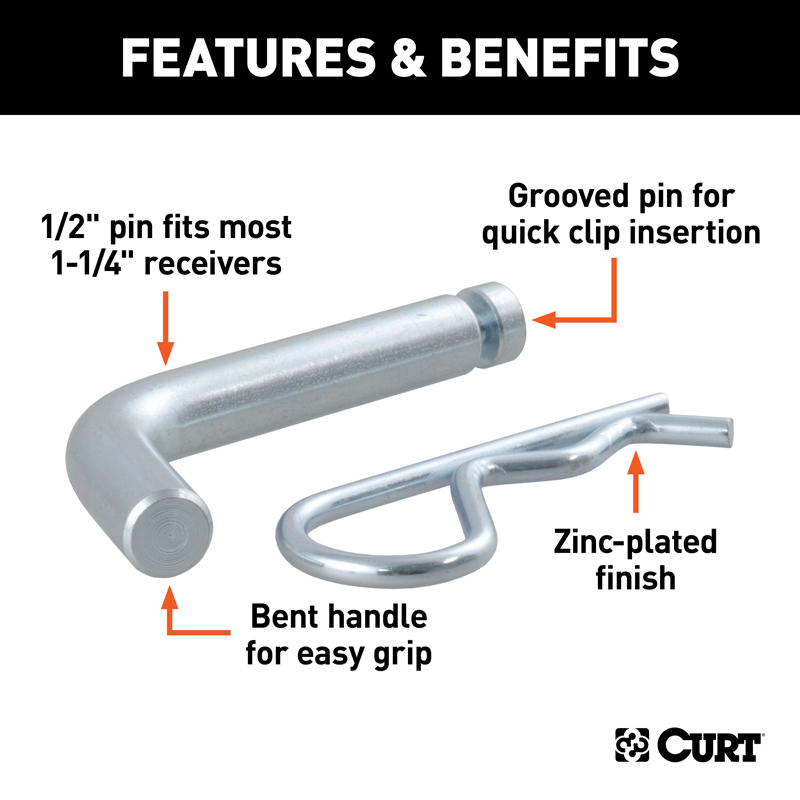 CURT | 1/2" Hitch Pin with Groove (1-1/4" Receiver, Zinc) CURT Hitch Accessories