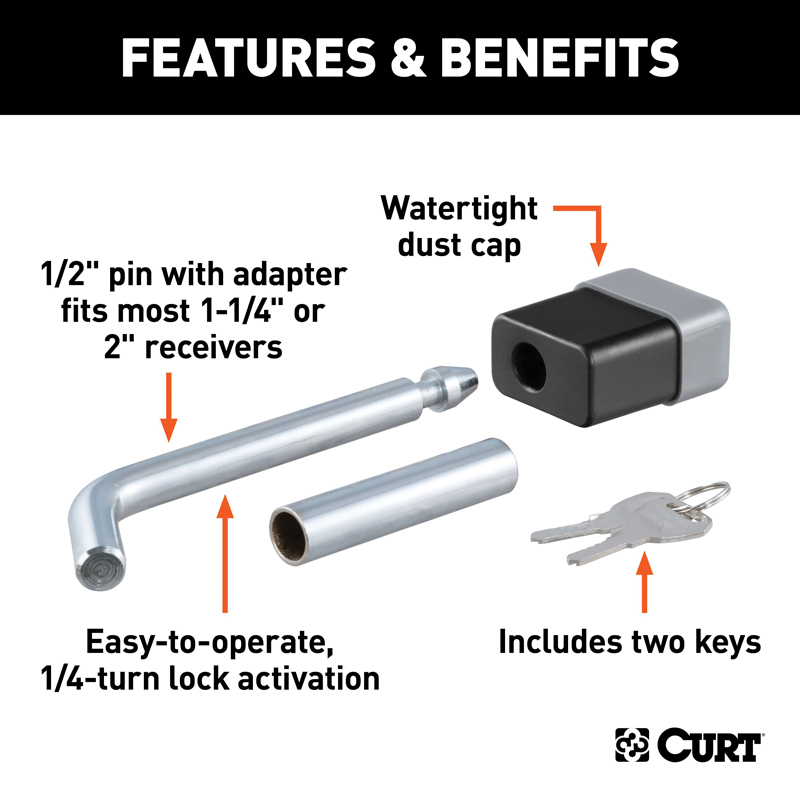 CURT | 1/2" Hitch Lock with 5/8" Adapter (1-1/4" or 2" Receiver, Deadbolt, Chrome) CURT Hitch Accessories