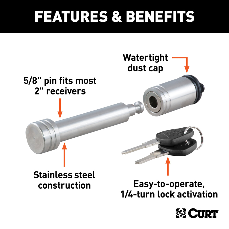 CURT | 5/8" Hitch Lock (2" Receiver, Barbell, Stainless) CURT Hitch Accessories