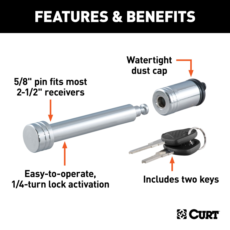 CURT | 5/8" Hitch Lock (2" or 2-1/2" Receiver, Barbell, Chrome) CURT Hitch Accessories