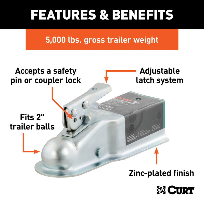 CURT | 2" Straight-Tongue Coupler with Posi-Lock (3" Channel, 5,000 lbs, Zinc)