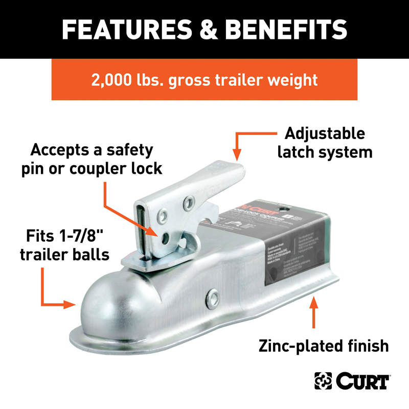 CURT | 1-7/8" Straight-Tongue Coupler with Posi-Lock (2-1/2" Channel, 2,000 lbs, Zinc)