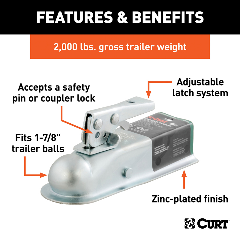 CURT | 1-7/8" Straight-Tongue Coupler with Posi-Lock (2" Channel, 2,000 lbs, Zinc) CURT Trailer Couplers