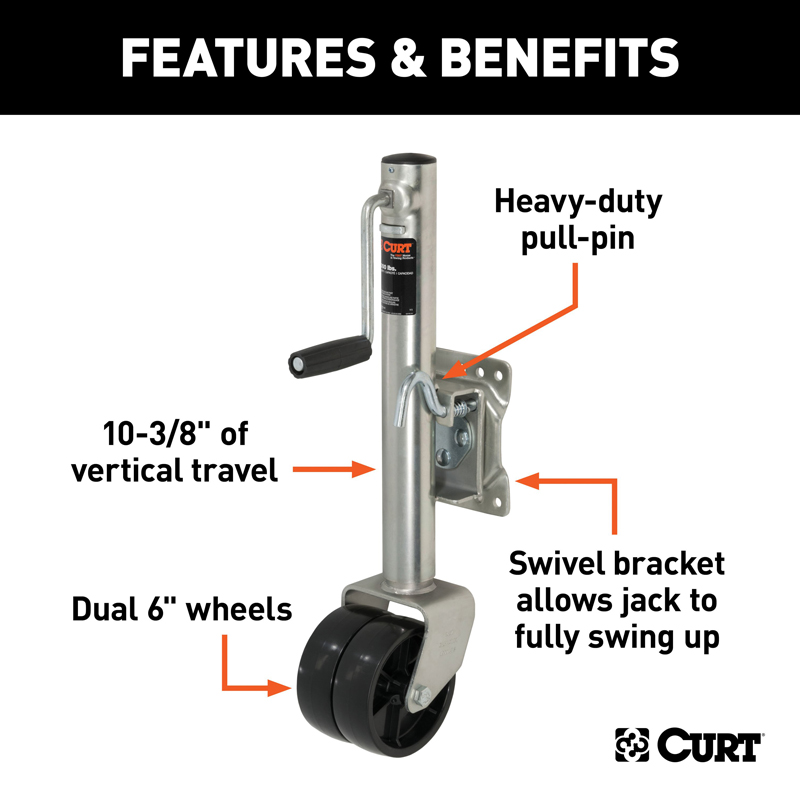 CURT | Marine Jack with Dual 6" Wheels (1,500 lbs, 10" Travel)