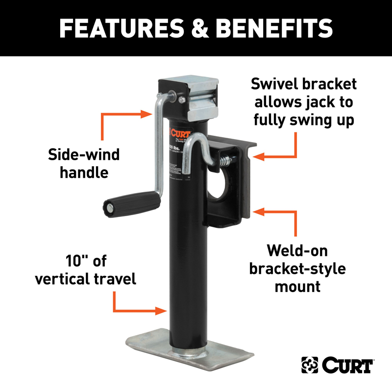 CURT | Bracket-Mount Swivel Jack with Side Handle (2,000 lbs, 10" Travel)