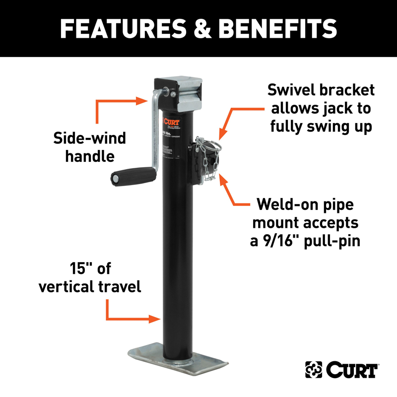 CURT | Pipe-Mount Swivel Jack with Side Handle (2,000 lbs, 15" Travel) CURT Trailer Jacks