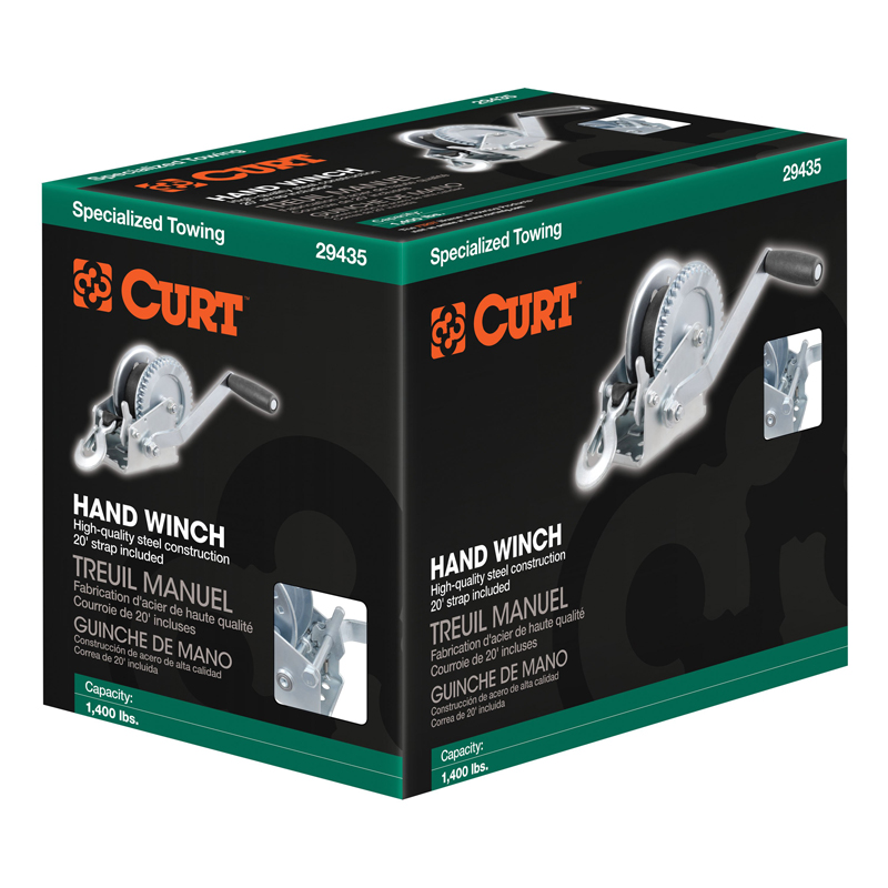 CURT | Hand Crank Winch with 20' Strap (1,400 lbs, 7-1/2" Handle) CURT Electric Winch