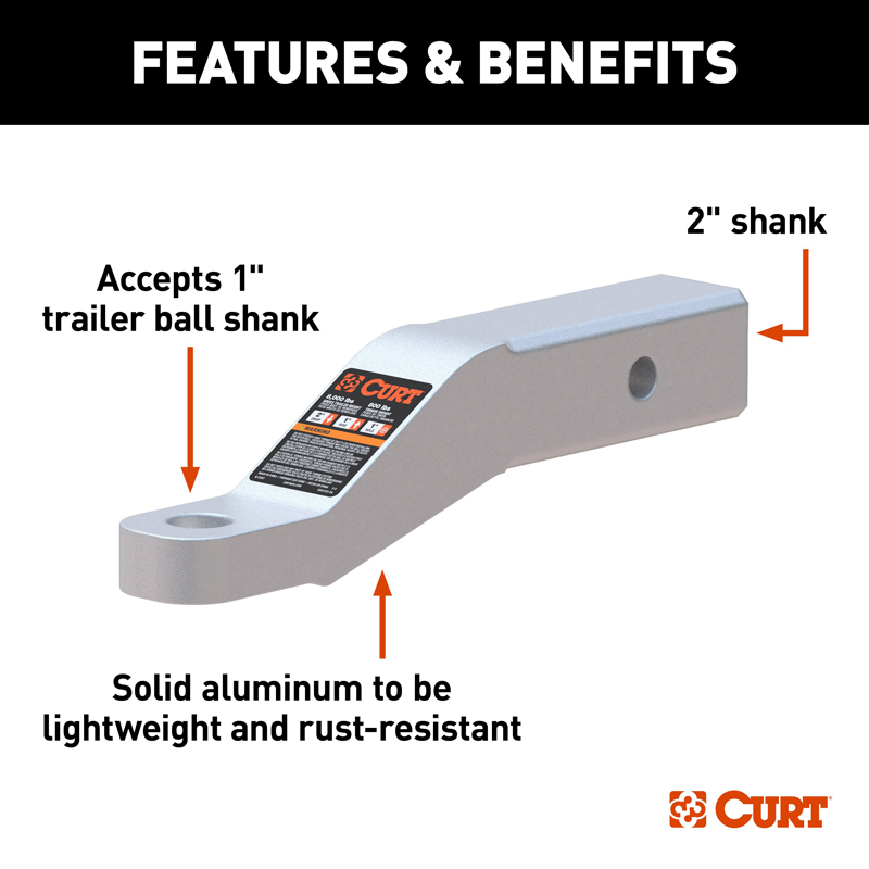 CURT | Aluminum Ball Mount (2" Shank, 8,000 lbs, 2" Drop, 8-1/2" Long) CURT Hitch Balls & Mounts