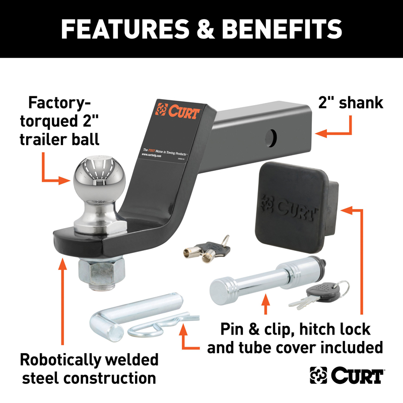 CURT | Towing Starter Kit with 2" Ball (2" Shank, 7,500 lbs, 4" Drop) CURT Hitch Balls & Mounts