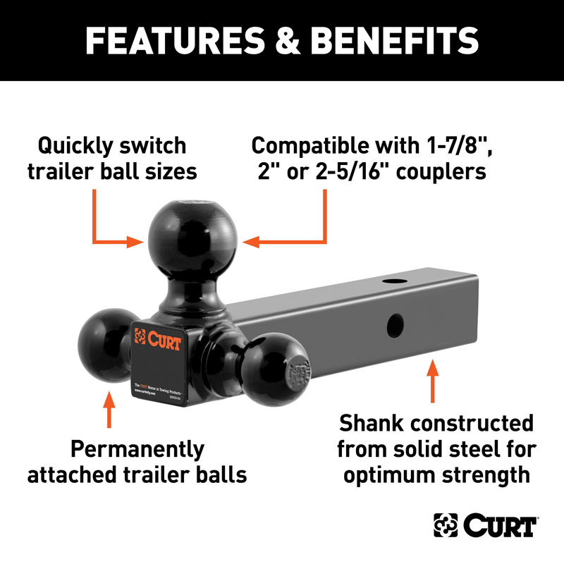 CURT | Multi-Ball Mount (2" Solid Shank, 1-7/8", 2" & 2-5/16" Black Balls) CURT Hitch Balls & Mounts