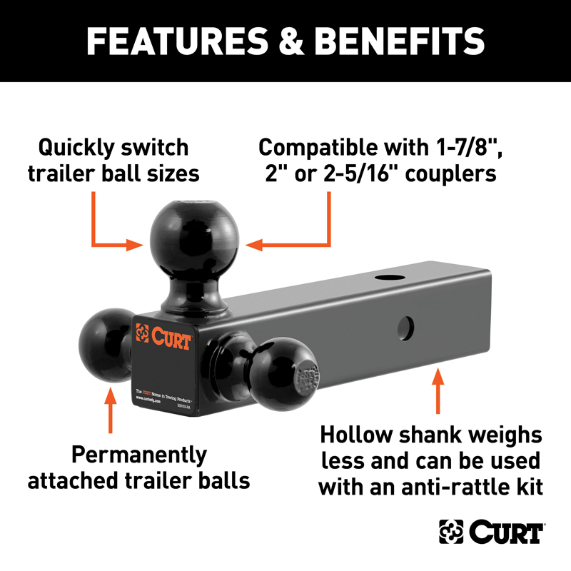 CURT | Multi-Ball Mount (2-1/2" Hollow Shank, 1-7/8", 2" & 2-5/16" Black Balls)