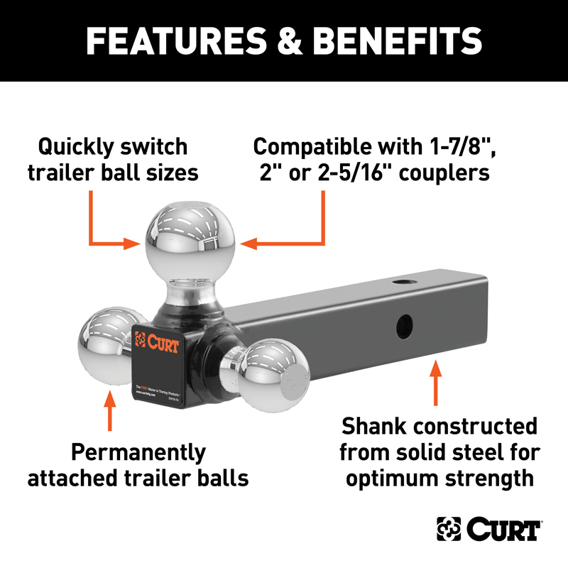 CURT | Multi-Ball Mount (2" Solid Shank, 1-7/8", 2" & 2-5/16" Chrome Balls)