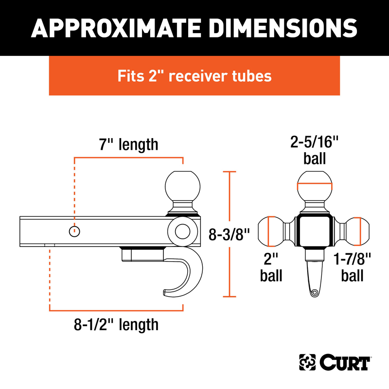 CURT | Multi-Ball Mount with Hook (2" Solid Shank, 1-7/8", 2" & 2-5/16" Chrome Balls)