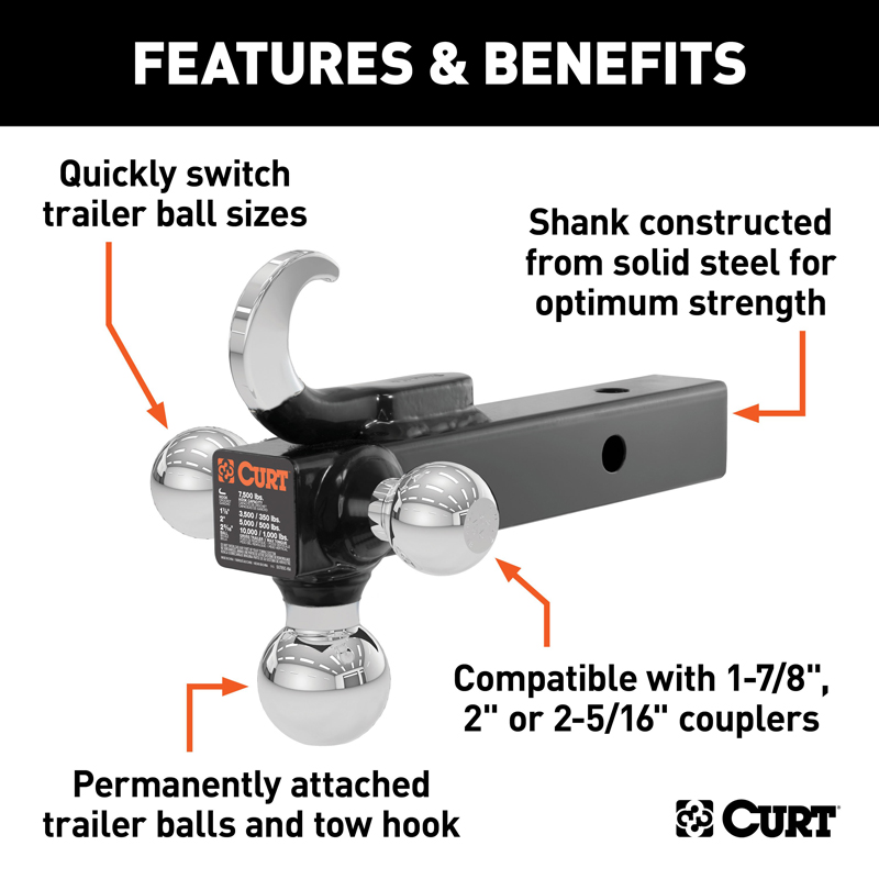 CURT | Multi-Ball Mount with Hook (2" Solid Shank, 1-7/8", 2" & 2-5/16" Chrome Balls)