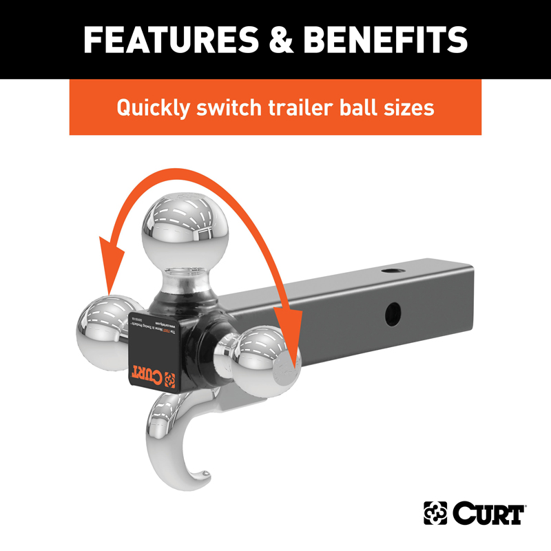 CURT | Multi-Ball Mount with Hook (2" Solid Shank, 1-7/8", 2" & 2-5/16" Chrome Balls)
