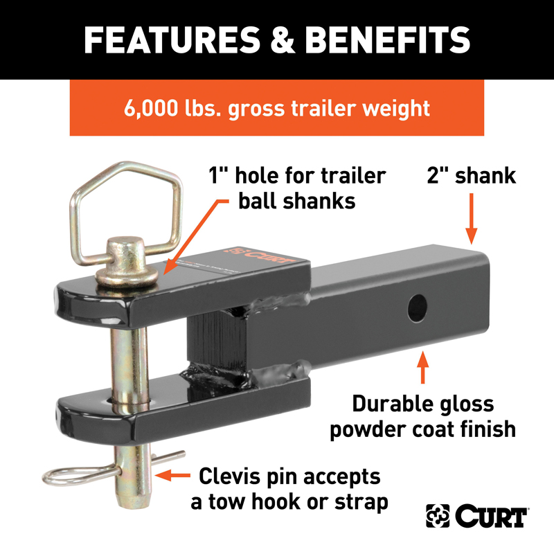 CURT | Clevis Pin Ball Mount with 1" Diameter Pin (2" Shank, 6,000 lbs.) CURT Hitch Balls & Mounts