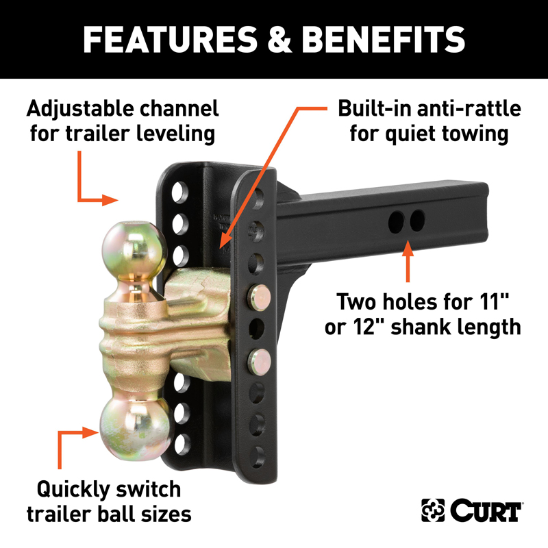 CURT | Adjustable Channel Mount with Dual Ball (2" Shank, 14,000 lbs., 6" Drop)