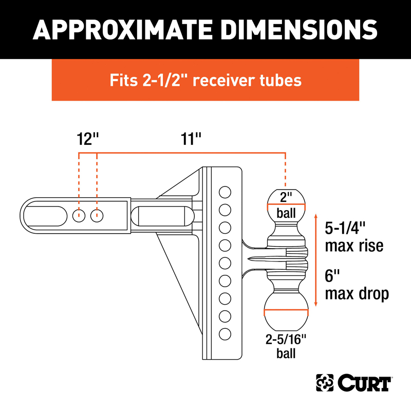 CURT | Adjustable Channel Mount with Dual Ball (2-1/2" Shank, 20,000 lbs., 6" Drop)