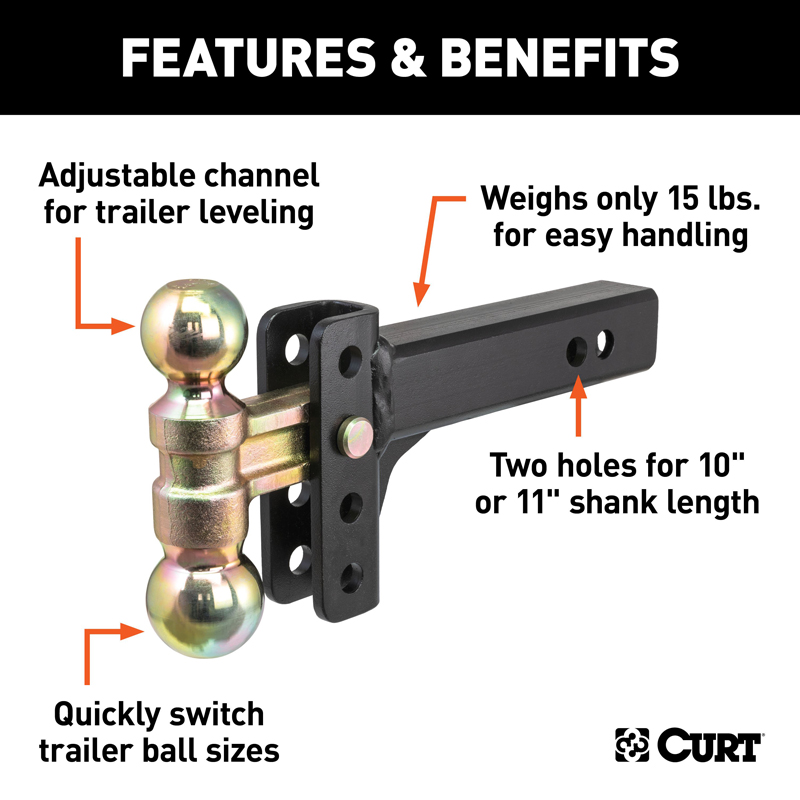 CURT | Slim Adjustable Channel Mount with Dual Ball (2" Shank, 10K, 3-3/4" Drop) CURT Hitch Balls & Mounts