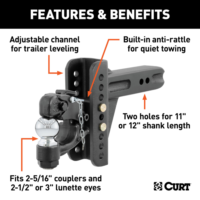 CURT | Adjustable Channel Mount with 2-5/16" Ball & Pintle (2-1/2" Shank, 20,000 lbs.)