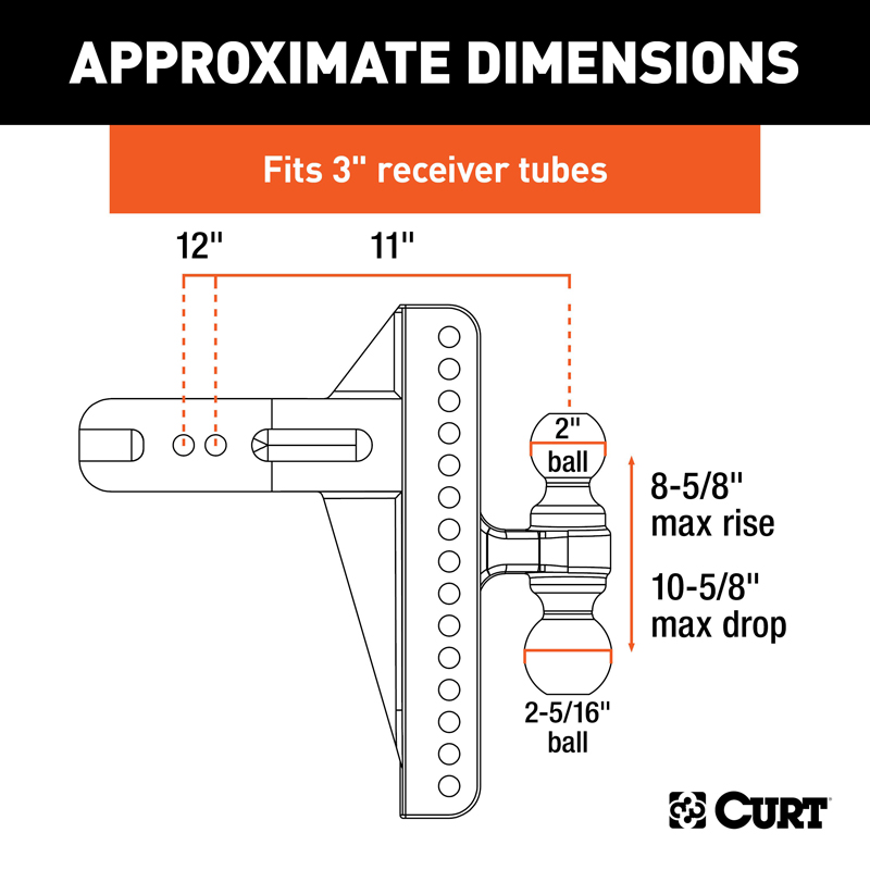CURT | Adjustable Channel Mount with Dual Ball (3" Shank, 21,000 lbs., 10-5/8" Drop)