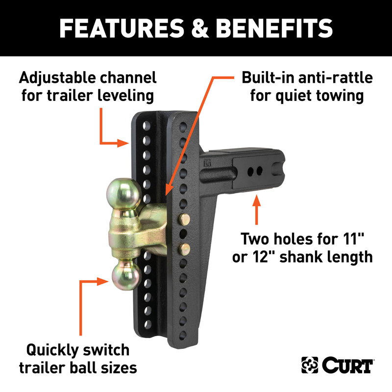 CURT | Adjustable Channel Mount with Dual Ball (3" Shank, 21,000 lbs., 10-5/8" Drop)