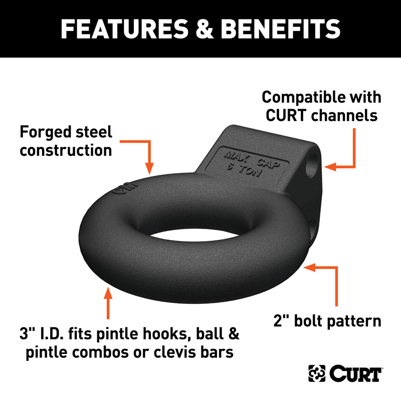 CURT | Channel-Style Lunette Ring (12,000 lbs., 3" I.D., Black) CURT Hitch Balls & Mounts